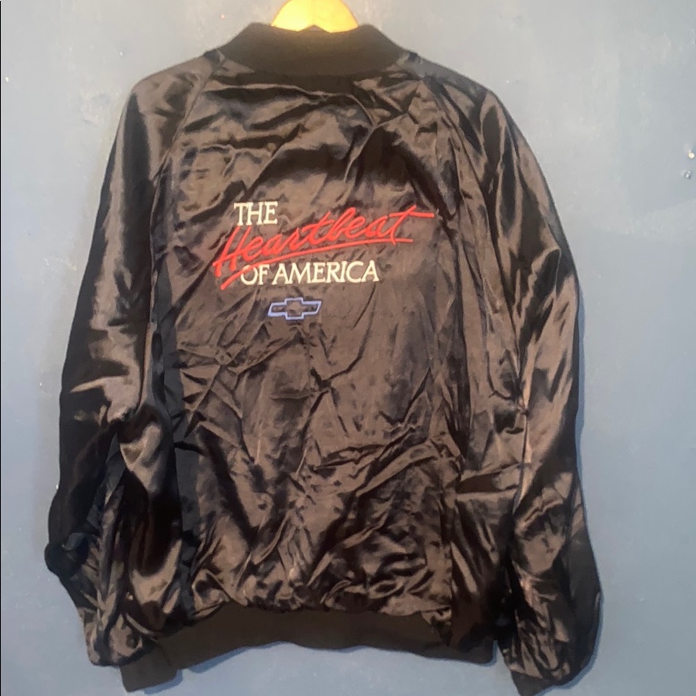 Vintage 'The Heartbeat of America' Black Satin Jacket size 2XL adult